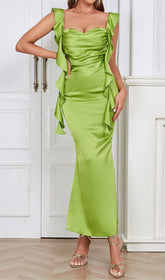 Ruched Satin Maxi Dress In Green